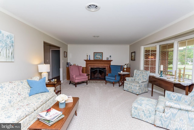 living room featuring crown molding, a brick fireplace, and carpet flooring