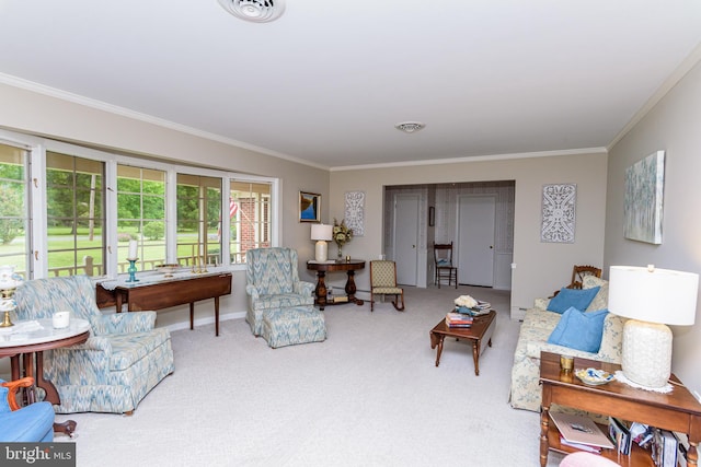 carpeted living room featuring ornamental molding