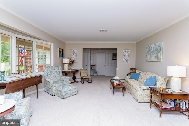 carpeted living room with crown molding