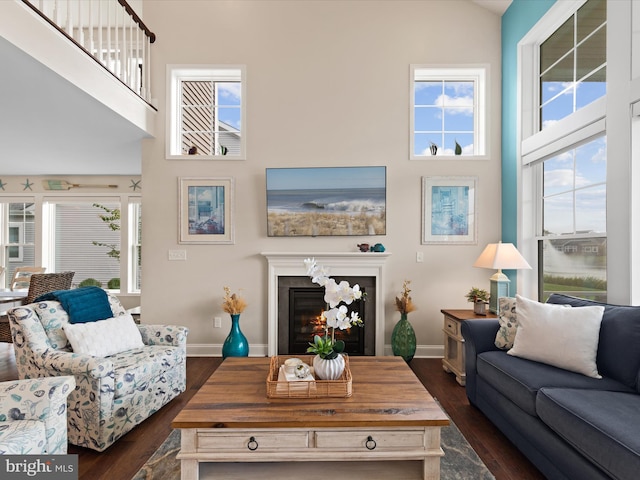 living room featuring a high ceiling and dark hardwood / wood-style floors