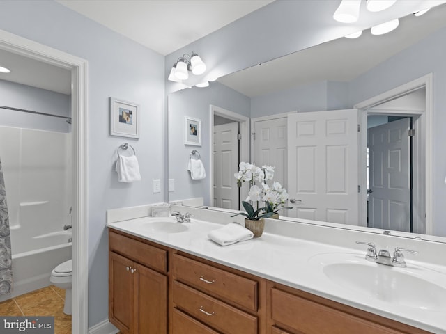 full bathroom with shower / bathtub combination with curtain, tile patterned flooring, vanity, and toilet