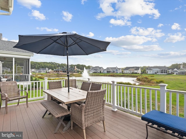 wooden terrace featuring a water view and a yard