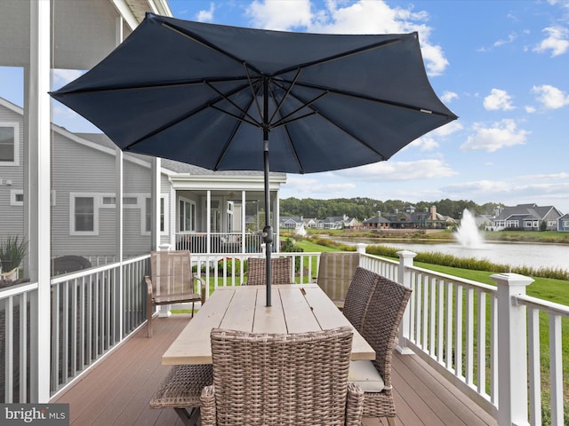 deck featuring a water view