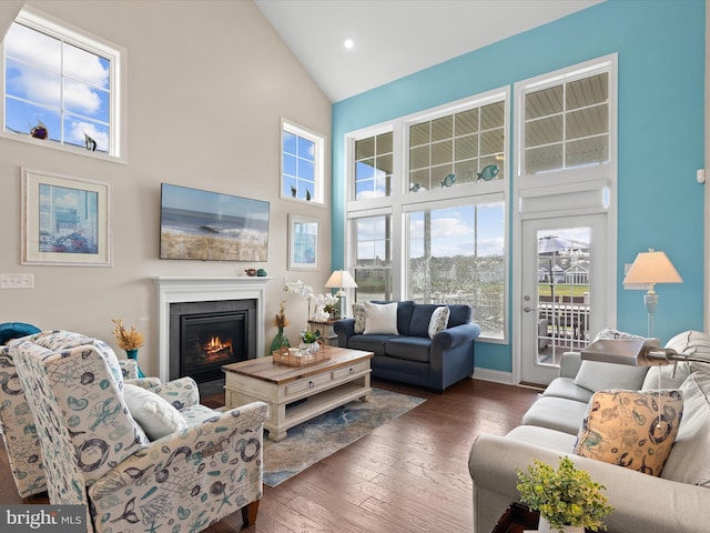 living room with high vaulted ceiling and dark hardwood / wood-style flooring