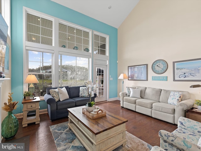 living room with dark hardwood / wood-style flooring and high vaulted ceiling