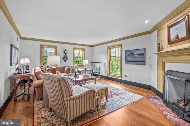 living room with wood-type flooring and ornamental molding