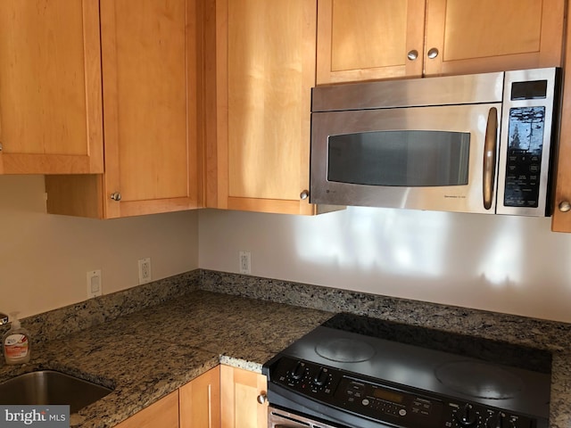 kitchen featuring stainless steel microwave, black range with electric stovetop, and dark stone countertops