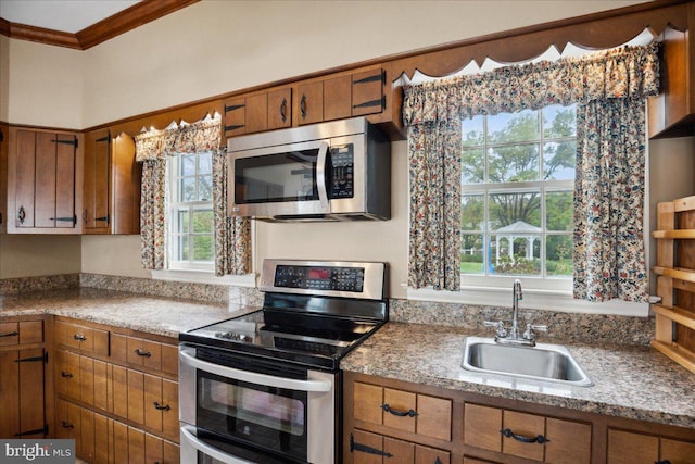 kitchen with ornamental molding, stainless steel appliances, a wealth of natural light, and sink