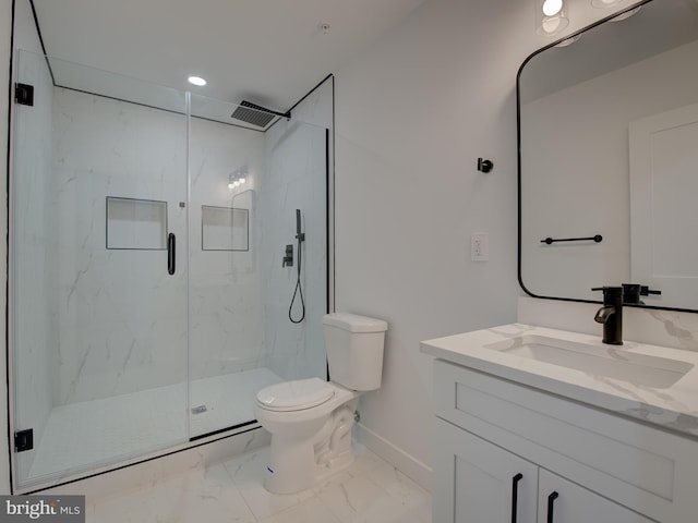 bathroom with vanity, toilet, an enclosed shower, and tile patterned flooring