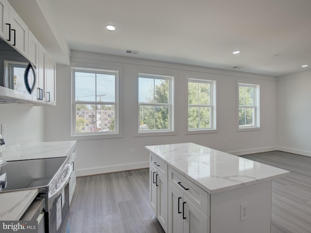 kitchen with light wood-type flooring, a healthy amount of sunlight, stainless steel appliances, and white cabinets