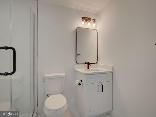 bathroom with vanity, toilet, an enclosed shower, and tile patterned floors