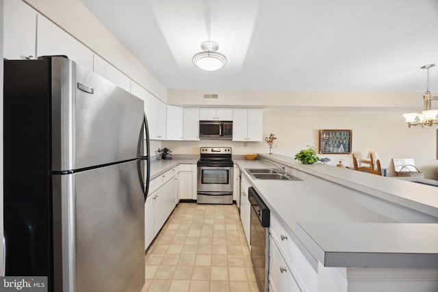 kitchen with sink, white cabinets, decorative light fixtures, and stainless steel appliances