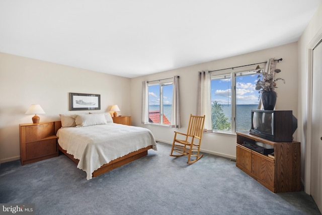 bedroom featuring dark colored carpet