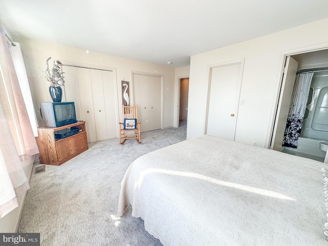 bedroom with visible vents, two closets, and carpet flooring