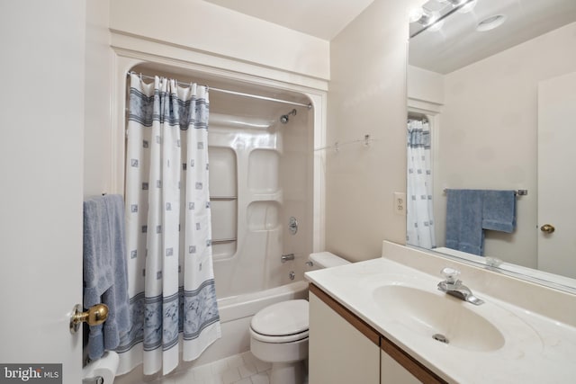 full bathroom with vanity, toilet, shower / bathtub combination with curtain, and tile patterned flooring