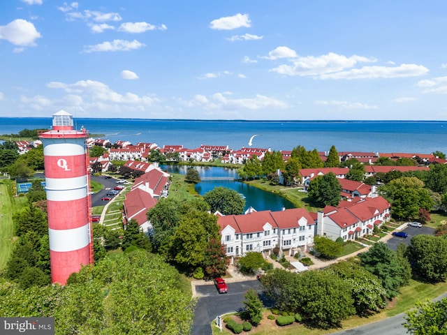 drone / aerial view featuring a water view