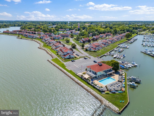 bird's eye view with a water view