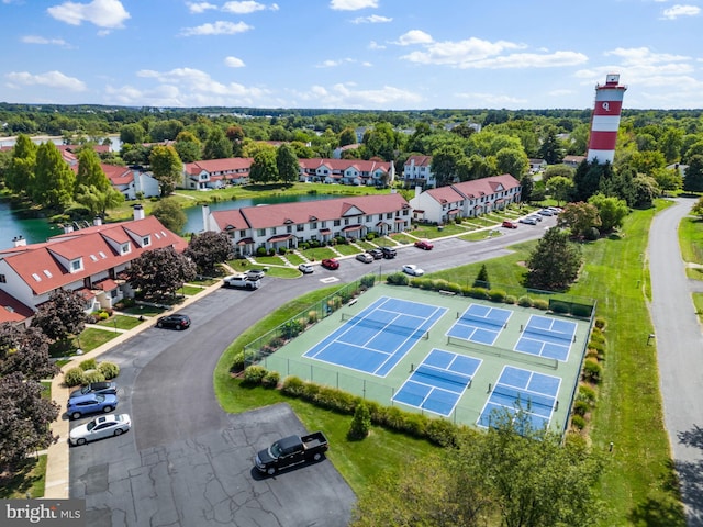 aerial view featuring a water view