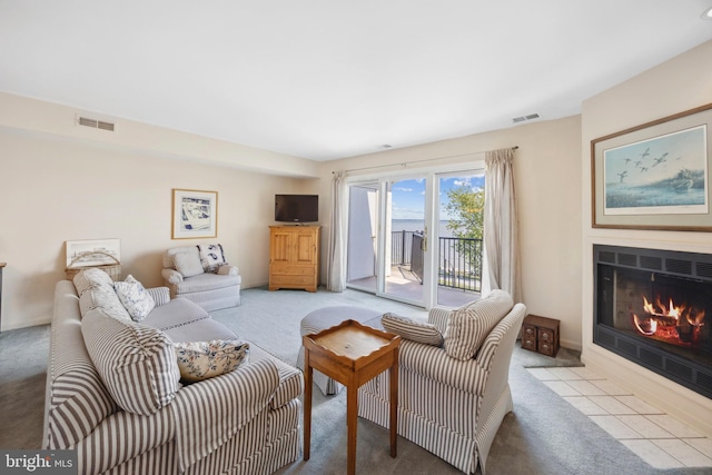 living room with light colored carpet