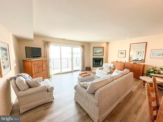 living area with a fireplace and wood finished floors