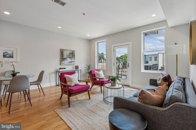 living room with light hardwood / wood-style flooring