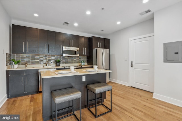 kitchen with light hardwood / wood-style flooring, a kitchen bar, electric panel, a center island, and appliances with stainless steel finishes