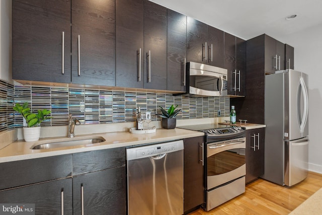 kitchen featuring light wood-type flooring, tasteful backsplash, stainless steel appliances, and sink