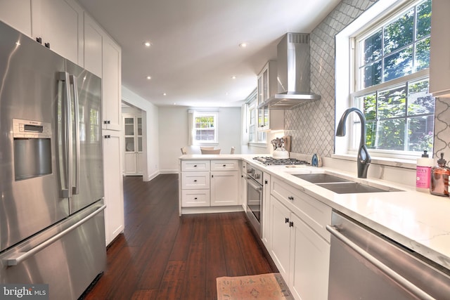 kitchen featuring light stone countertops, stainless steel appliances, dark hardwood / wood-style flooring, sink, and wall chimney range hood