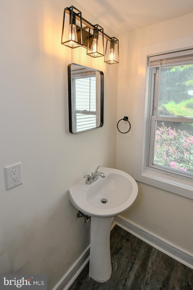 bathroom with hardwood / wood-style flooring