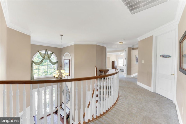 hall with light carpet, an inviting chandelier, and ornamental molding