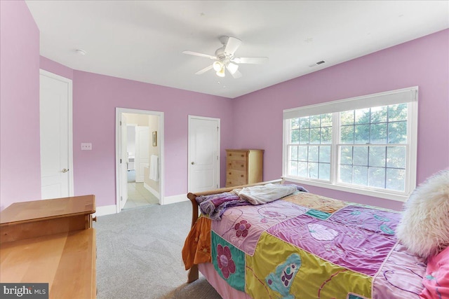 carpeted bedroom featuring ceiling fan