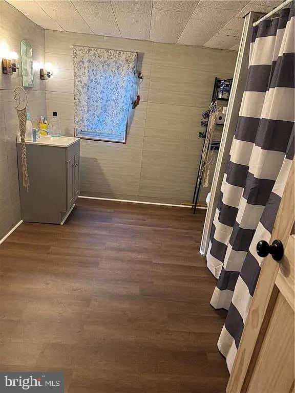 bathroom featuring vanity and hardwood / wood-style floors