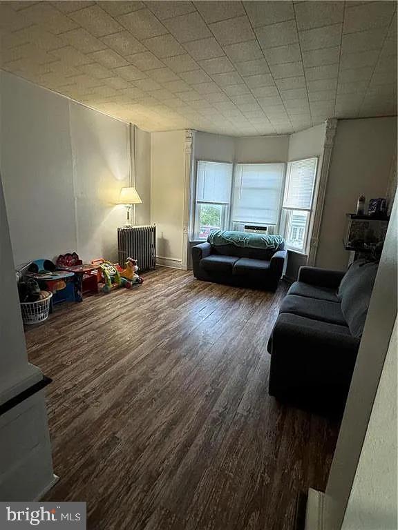 living room featuring dark wood-type flooring and radiator