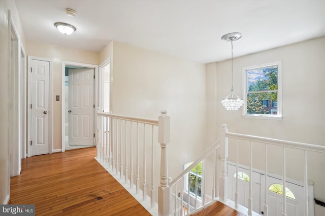 corridor featuring hardwood / wood-style floors, an inviting chandelier, and an upstairs landing