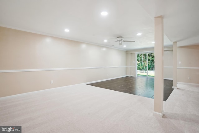 carpeted empty room with recessed lighting, crown molding, and baseboards