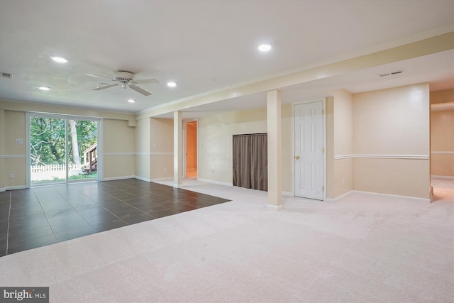 carpeted spare room featuring recessed lighting, visible vents, and baseboards