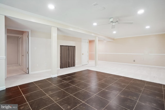 unfurnished room with tile patterned floors, carpet flooring, ornamental molding, and recessed lighting