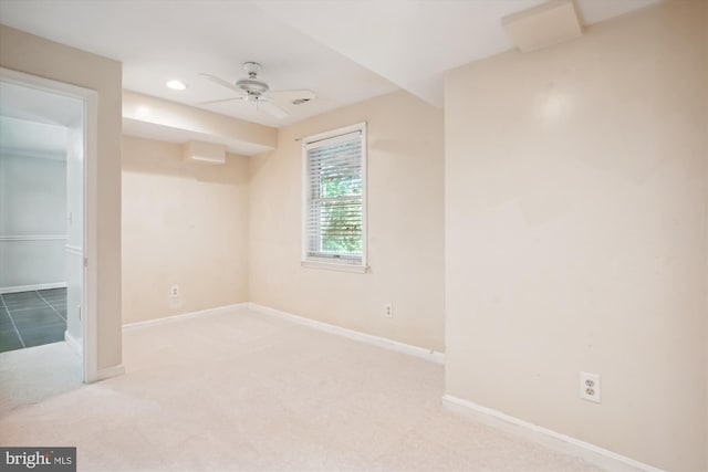 unfurnished room with recessed lighting, a ceiling fan, baseboards, and carpet floors