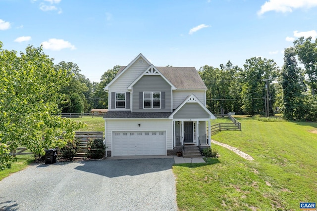 craftsman inspired home featuring a garage and a front lawn