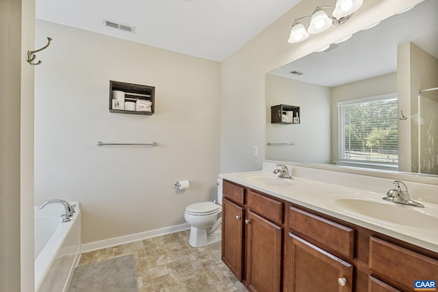 full bathroom featuring plus walk in shower, tile patterned flooring, toilet, and vanity