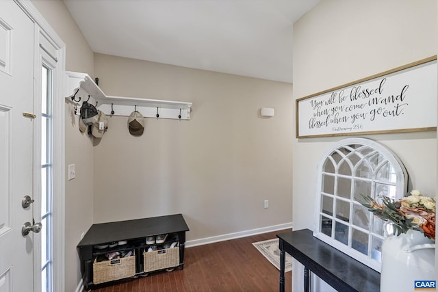 mudroom featuring dark wood-type flooring