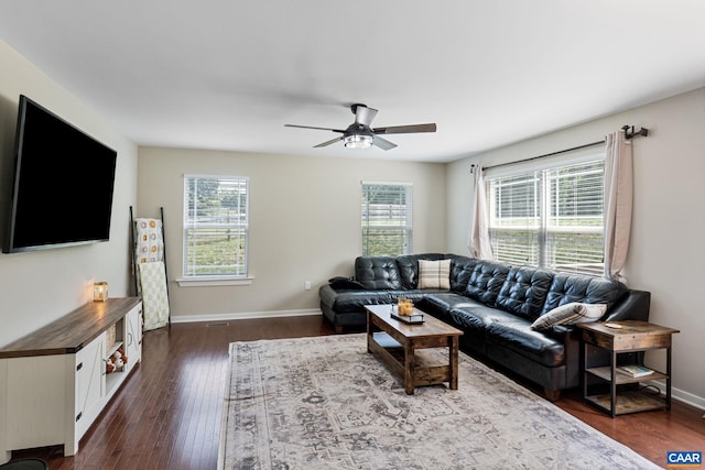 living room featuring plenty of natural light, ceiling fan, and dark wood-type flooring