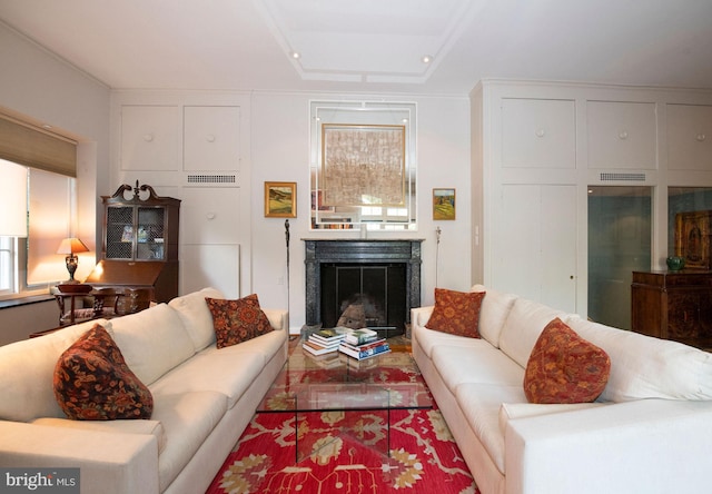 living room with a fireplace