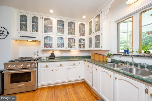 kitchen with high end stainless steel range oven, light wood-type flooring, and white cabinets