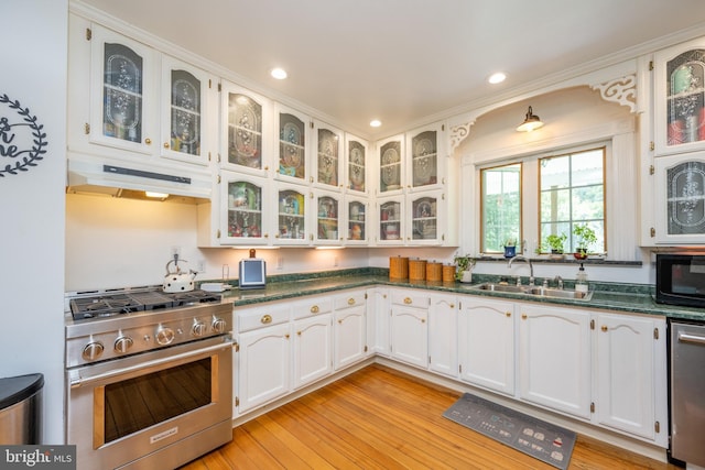 kitchen with stainless steel appliances, glass insert cabinets, a sink, and under cabinet range hood