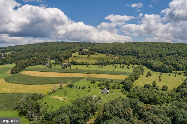 drone / aerial view featuring a forest view