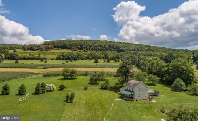 bird's eye view featuring a rural view and a view of trees