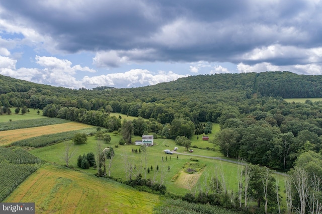 aerial view featuring a rural view and a view of trees