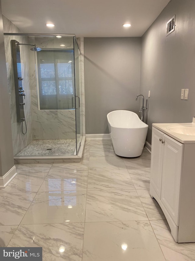 bathroom with marble finish floor, visible vents, vanity, and a marble finish shower