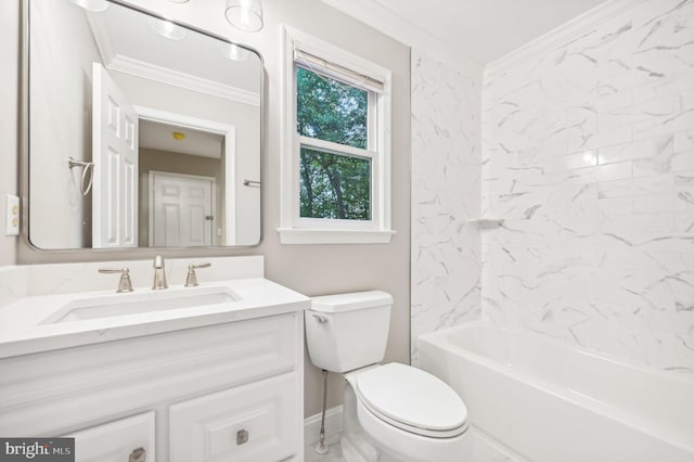 full bathroom featuring crown molding, tiled shower / bath combo, vanity, and toilet